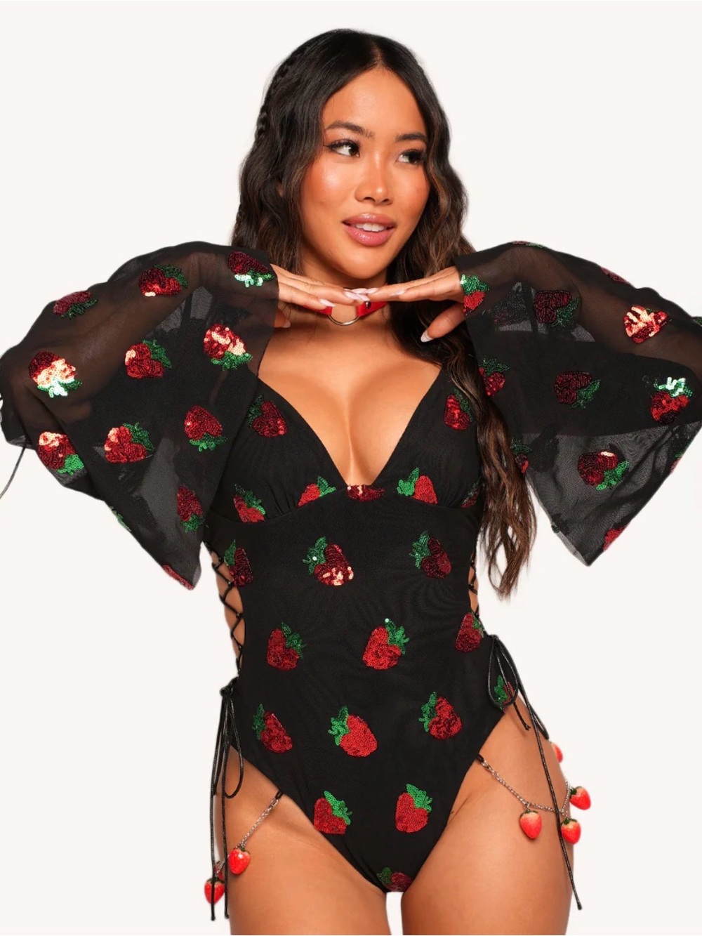 #129 NEW medium strawberry bodysuit with sleeves